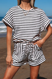 Black Stripe Knitted Short Sleeve Top and Drawstring Shorts Set