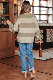 Khaki Striped Color Block Brushed Knit Bow Tie Front Sweater Cardigan