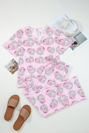 Pink Santa Claus Print V Neck Tee Drawstring Pants 2pcs Lounge Set