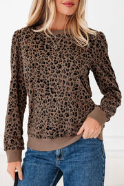 Brown Ribbed Trim Leopard Print Long Sleeve Top