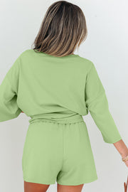 Meadow Mist Green Solid Loose V Neck Half Sleeve Tee and Shorts