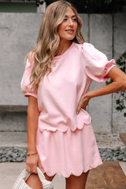 Light Pink Puff Sleeve Pearl Embellished Scallop Trim Top 2 Piece Skort Set