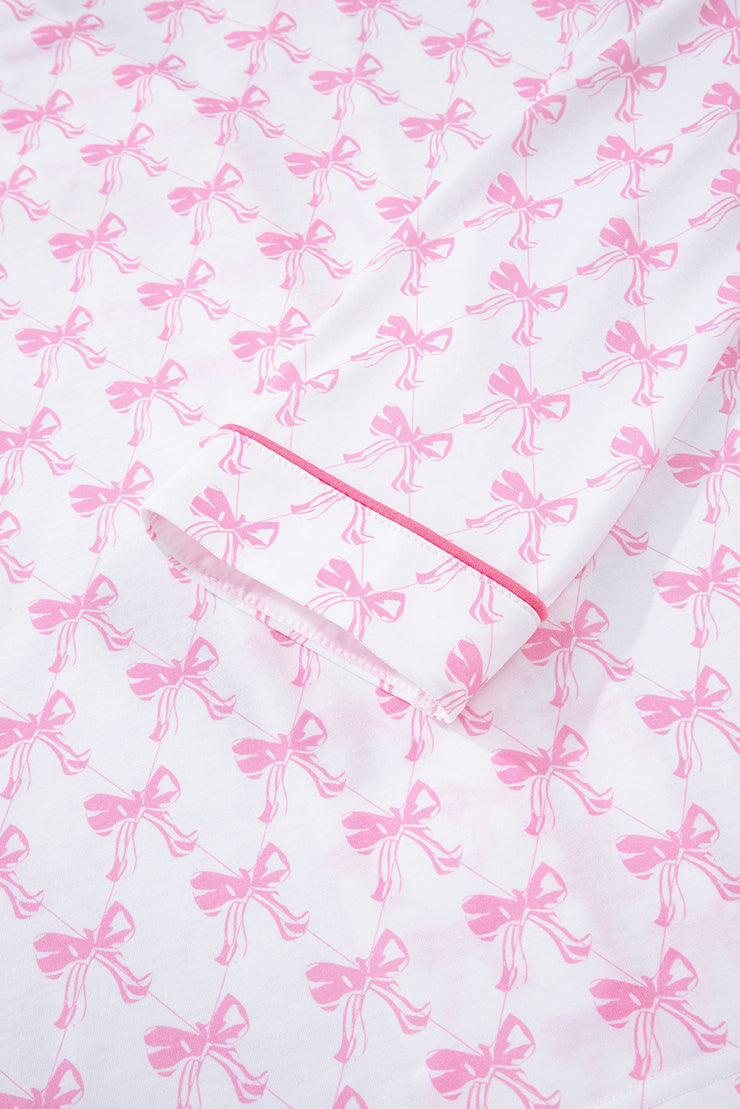 Pink Bow Print Long Sleeve Shirt and Pants Soft Pajama Set