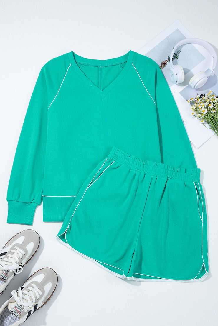 Dark Green Colorblock Trim V Neck Pullover Top and Shorts Set