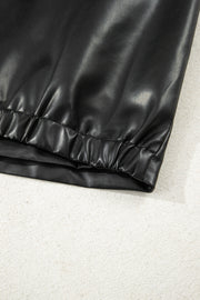 Black Double Flap Pocket Faux Leather Zip Up Stand Neck Vest