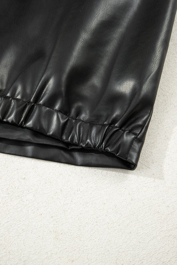 Black Double Flap Pocket Faux Leather Zip Up Stand Neck Vest