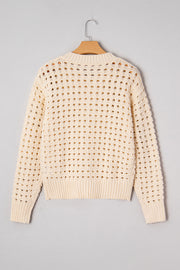 Beige Hollowed Pattern Knit Zip Up Drop Shoulder Sweater Cardigan