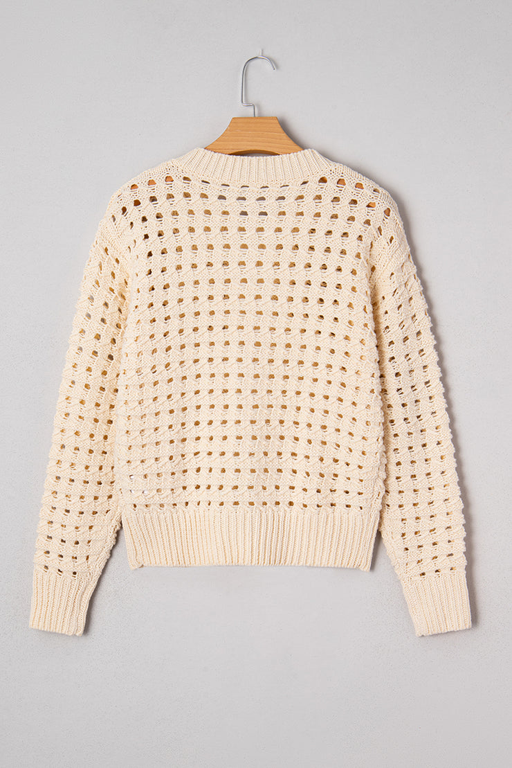 Beige Hollowed Pattern Knit Zip Up Drop Shoulder Sweater Cardigan