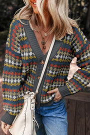 Gray Dotty Pattern Knit Button Front V Neck Sweater Cardigan