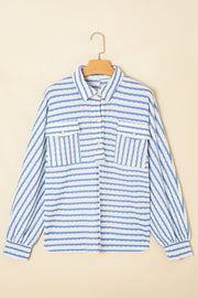 Sky Blue Stripe Half Button Collared Chest Pockets Loose Fit Blouse