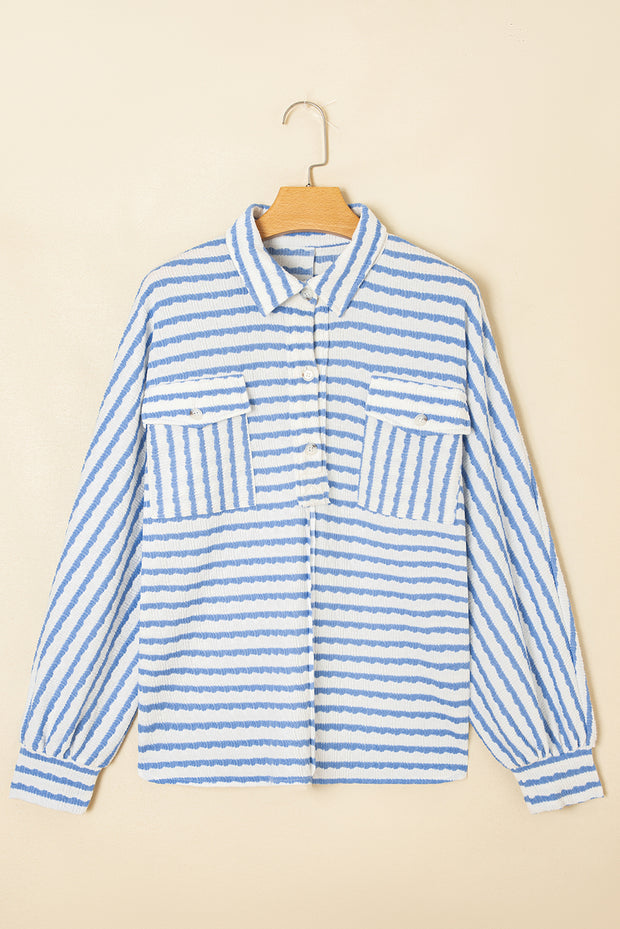 Sky Blue Stripe Half Button Collared Chest Pockets Loose Fit Blouse