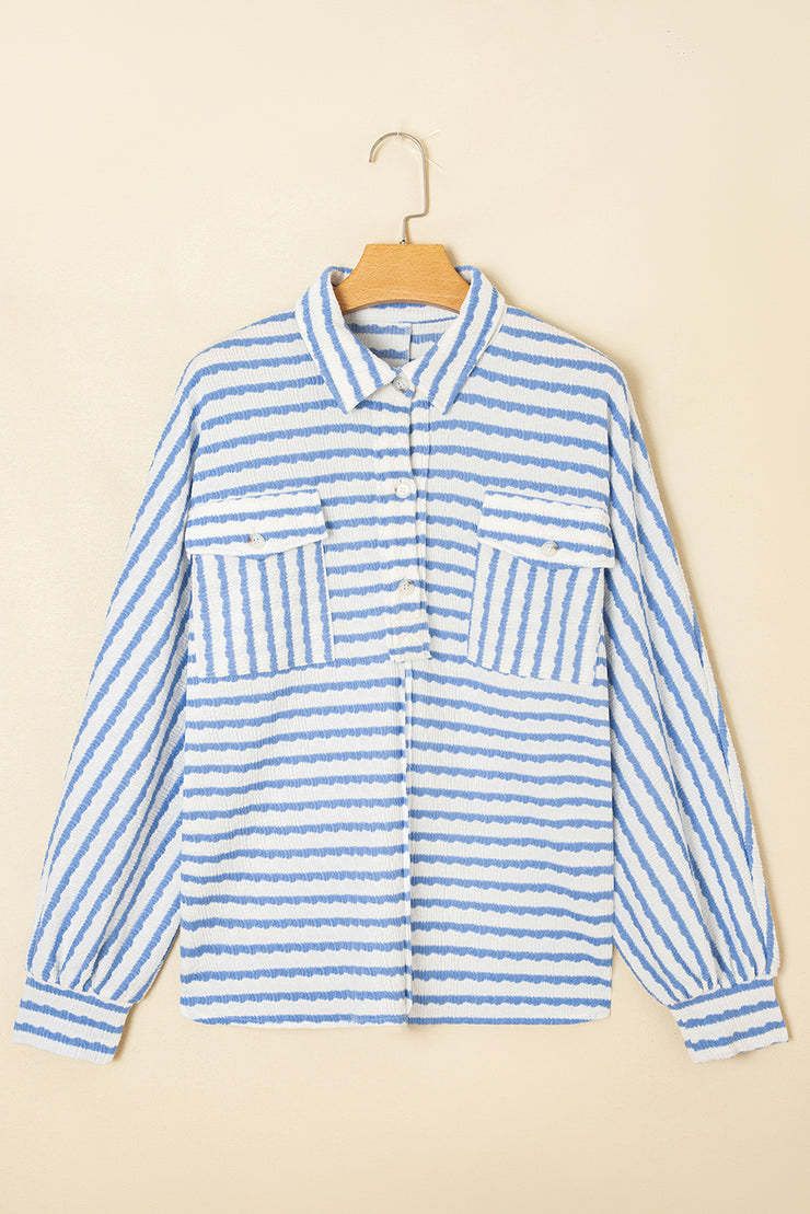 Sky Blue Stripe Half Button Collared Chest Pockets Loose Fit Blouse