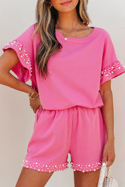 Bright Pink Textured Pearled Ruffle Sleeve Top 2 Piece Shorts Set