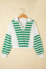 Green Stripe Colorblock Collared V Neck Cropped Knit Pullover