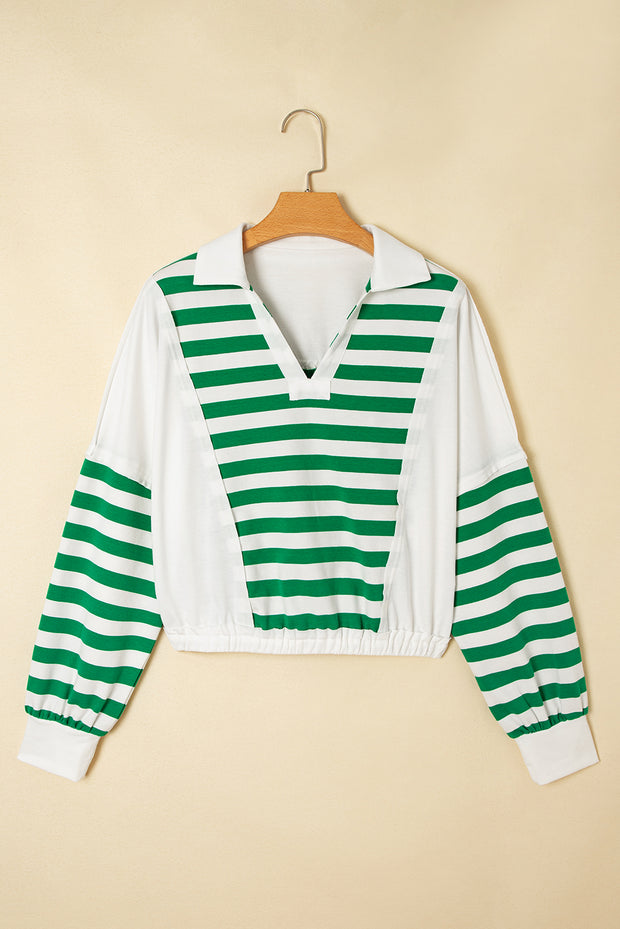 Green Stripe Colorblock Collared V Neck Cropped Knit Pullover