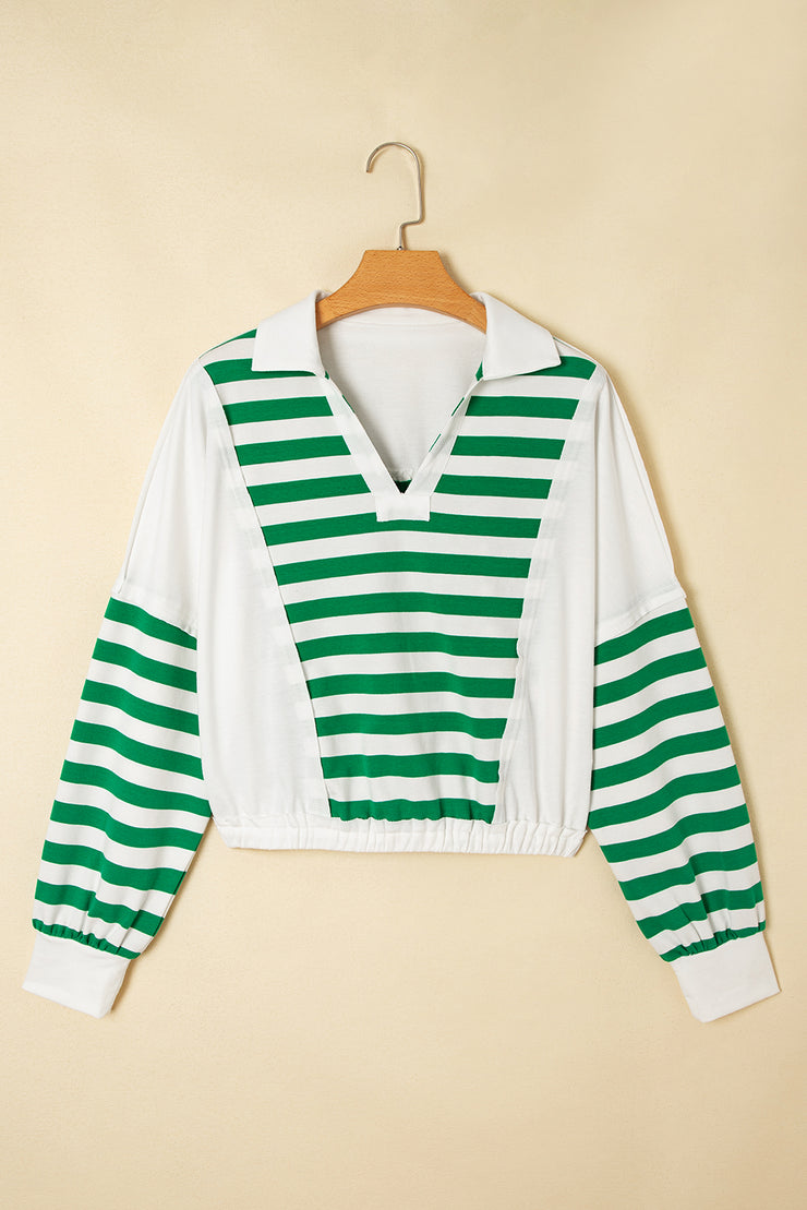 Green Stripe Colorblock Collared V Neck Cropped Knit Pullover