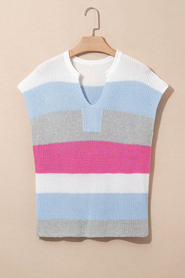 Light Blue Color Block Notch V Neck Sweater T Shirt