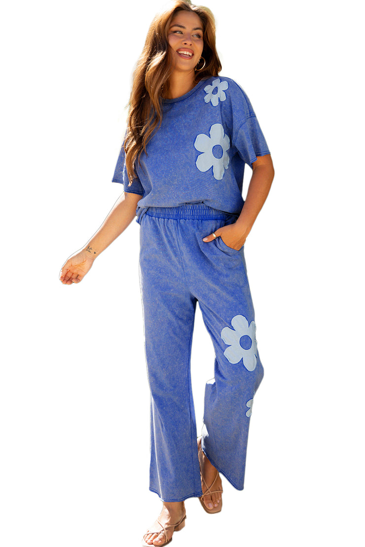 Lilac Floral Patch Exposed Seam Raw Edge Pants Set