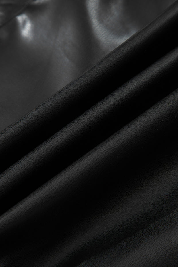 Black Double Flap Pocket Faux Leather Zip Up Stand Neck Vest