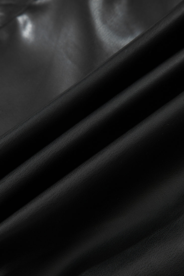 Black Double Flap Pocket Faux Leather Zip Up Stand Neck Vest