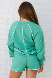 Dark Green Colorblock Trim V Neck Pullover Top and Shorts Set