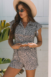 Brown Leopard Half Zipper Collared Ruffled Sleeve Top and Short Set