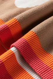 Smoke Gray Big Flower Pattern Contrast Striped Baggy Sweater