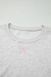 Light Grey Girly Bow Embroidered Detail Puff Sleeve Pullover 2pcs Short Set