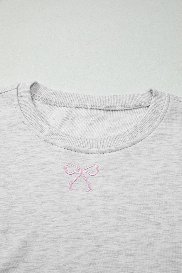 Light Grey Girly Bow Embroidered Detail Puff Sleeve Pullover 2pcs Short Set