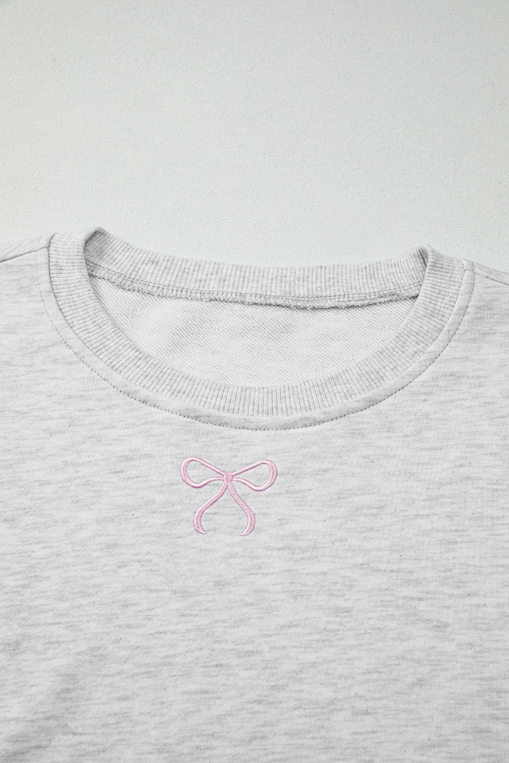 Light Grey Girly Bow Embroidered Detail Puff Sleeve Pullover 2pcs Short Set