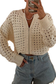 Beige Hollowed Pattern Knit Zip Up Drop Shoulder Sweater Cardigan