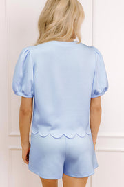 Beau Blue Puff Sleeve Pearl Embellished Scallop Trim Top 2 Piece Skort Set