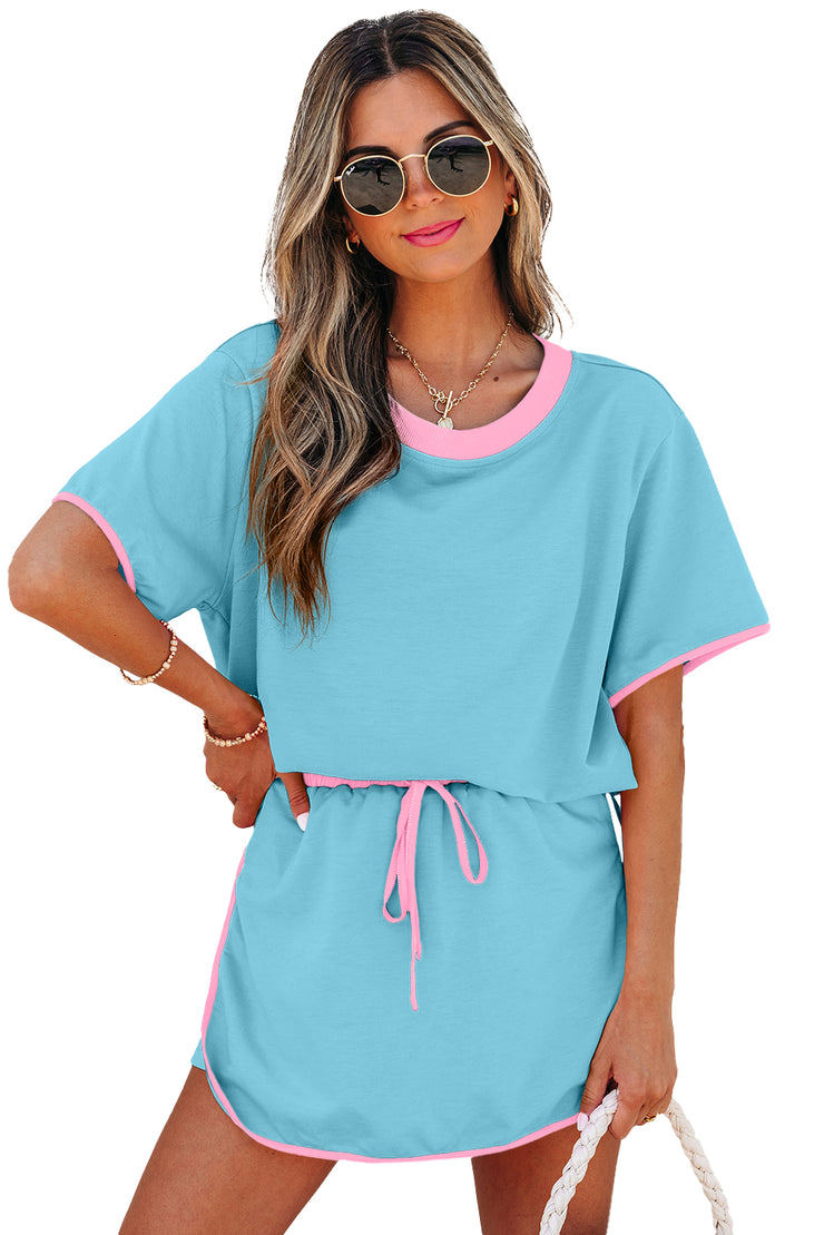 Turquoise Colorblock Edge Drop Shoulder T Shirt and Skort 2Pcs Set