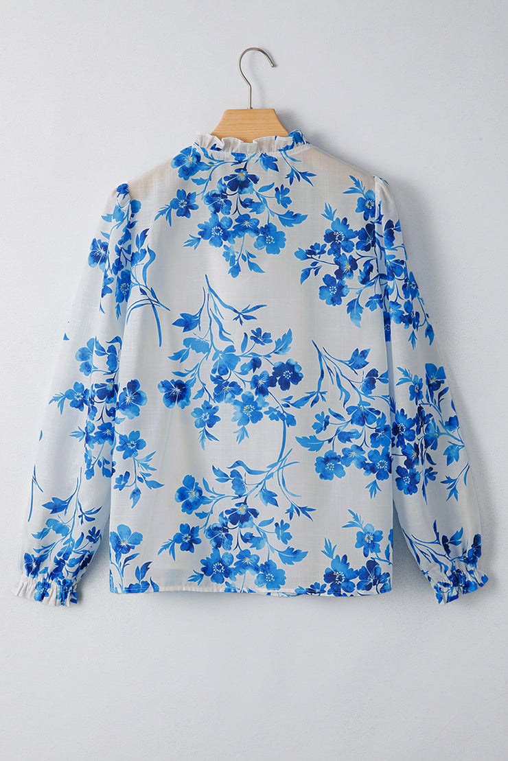 Blue Floral Long Sleeve Lace-up V Neck Blouse