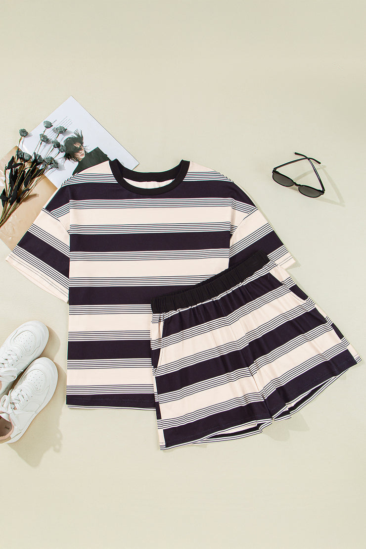 Black Stripe Short Sleeve T Shirt and High Waist Pocketed Shorts Set