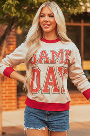 Oatmeal GAME DAY Letter Graphic Varsity Striped Detail Baggy Sweatshirt