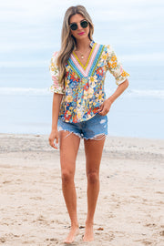 Multicolour Crochet V Neck Half Sleeve Boho Floral Blouse