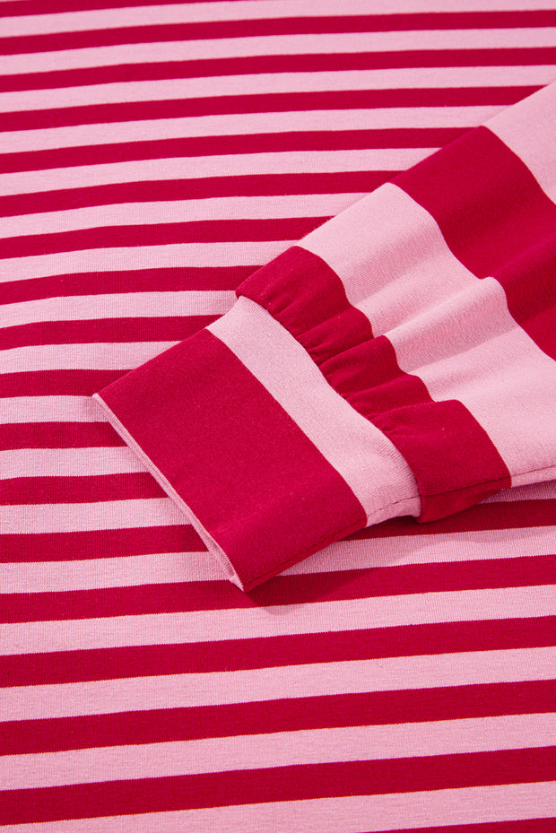 Strawberry Pink Mix Striped Drop Shoulder Patchwork Sleeve V Neck Pullover