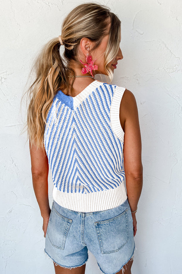 Sky Blue Contrast Chevron Knit V Neck Sweater Vest