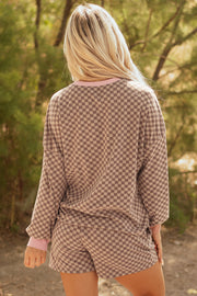 Brown Checkerboard Long Sleeve Pullover and Shorts Set