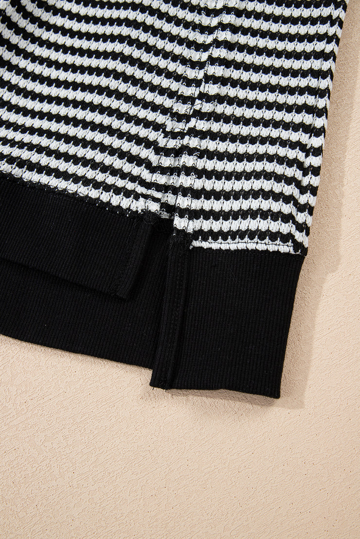 Black Stripe Ribbed Trim Drop Shoulder Long Sleeve Oversize Top