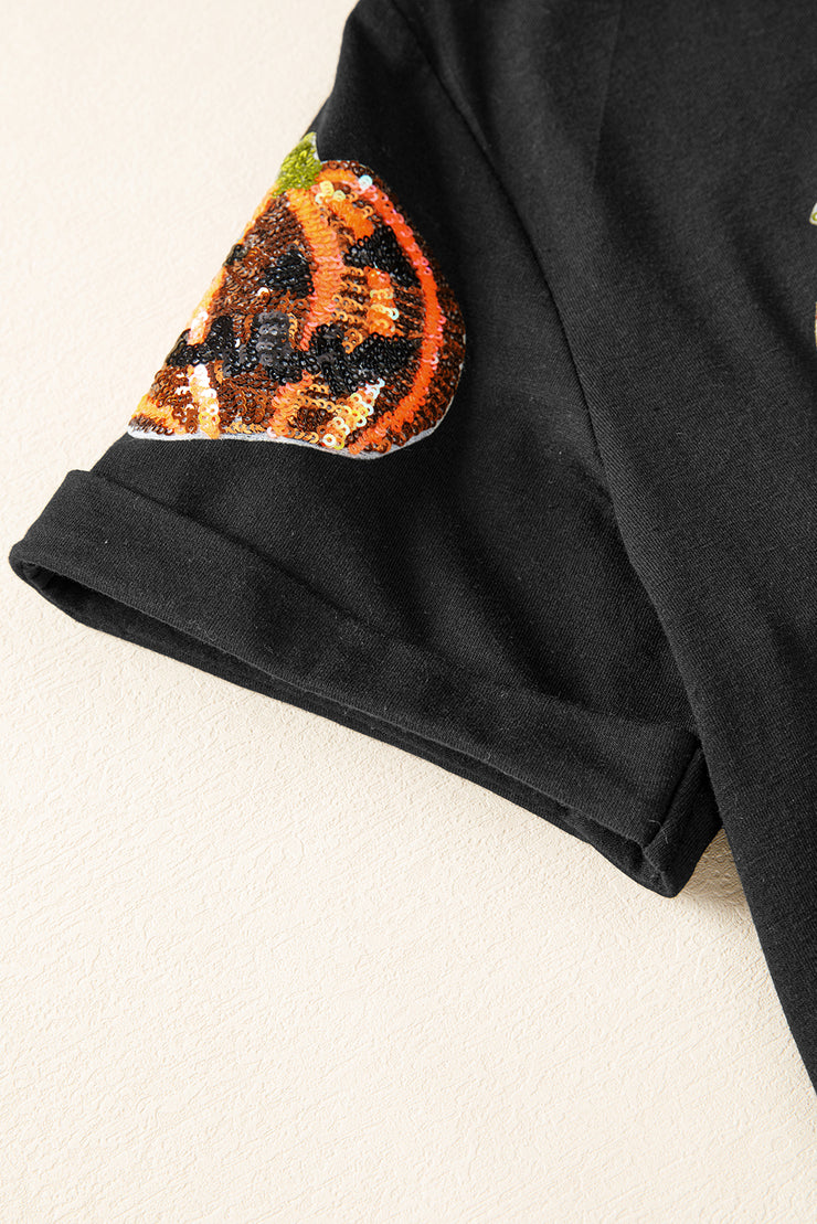 Black Sequin Pumpkin Face Halloween T Shirt