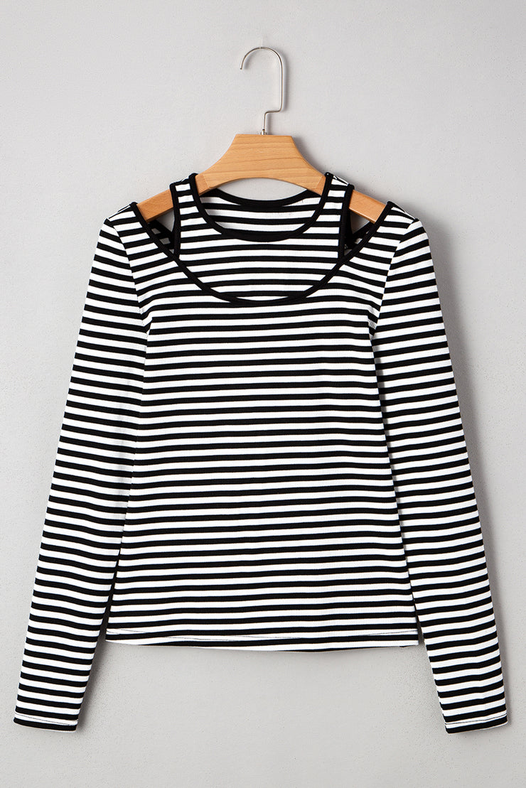 Black Stripe Double-layer Cold Shoulder Long Sleeve Top