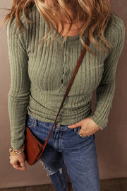Jungle Green Ribbed Knit Half Button Slim Fit Blouse