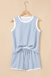 Myosotis Contrast Trim Striped Vest Drawstring Shorts Set