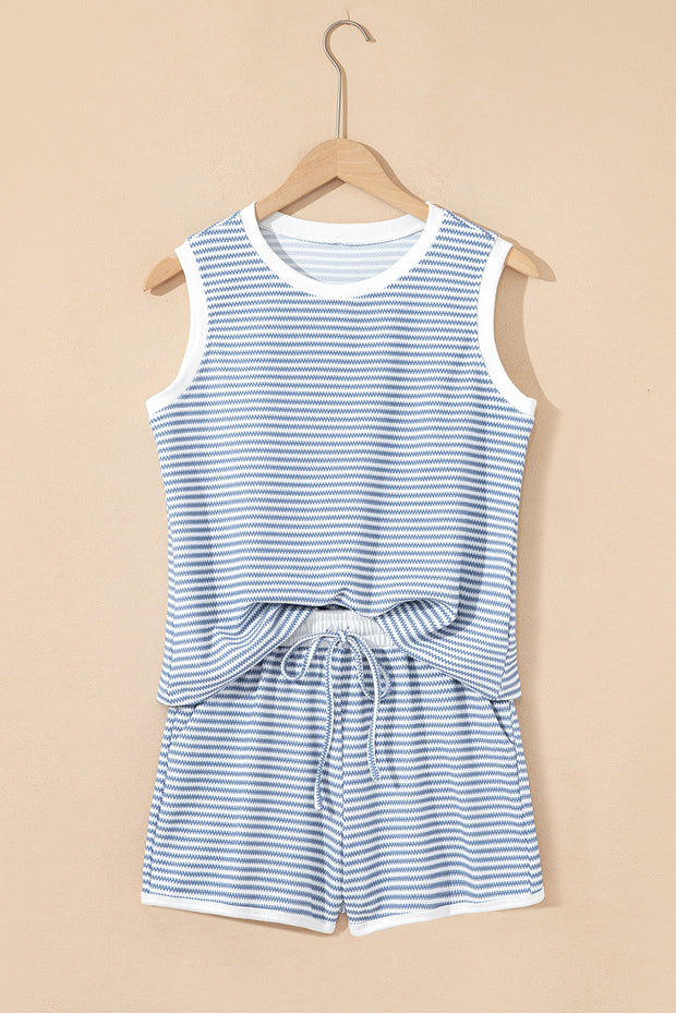 Myosotis Contrast Trim Striped Vest Drawstring Shorts Set