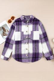 Purple Plaid Color Block Buttoned Long Sleeve Jacket with Pocket