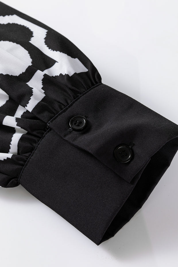 Black Polka Dot Floral Printed V Neck Long Sleeve Shift Mini Dress