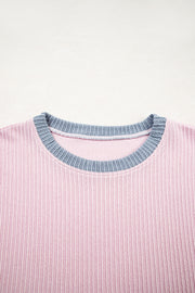 Light Pink Colorblock Corded Short Sleeve Boxy Top and Shorts Set