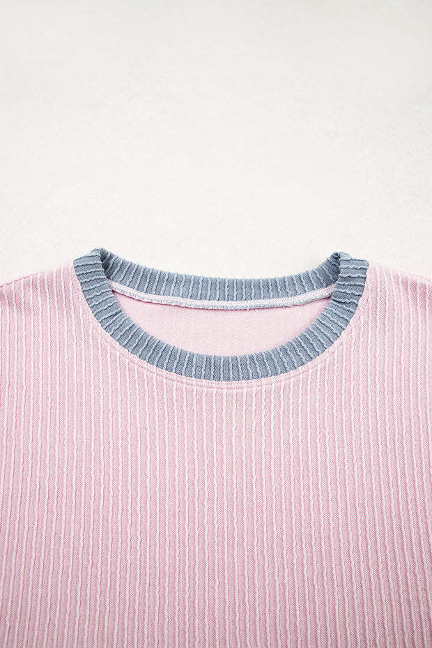 Light Pink Colorblock Corded Short Sleeve Boxy Top and Shorts Set